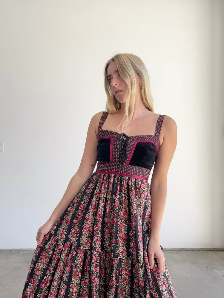 1970s GUNNE SAX Rose Corset Tiered Maxi Bohemian Cottagecore Jessica McClintock