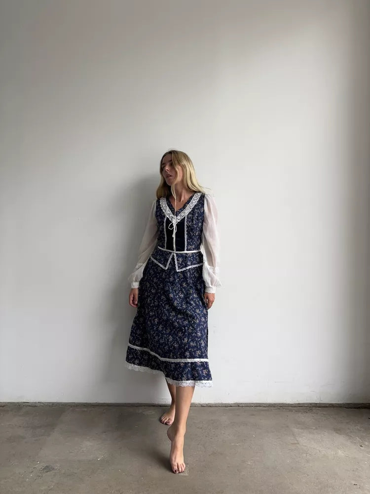 1970s Gunne Sax Floral Corset Midi Dress Velvet Prairie Jessica McClintock