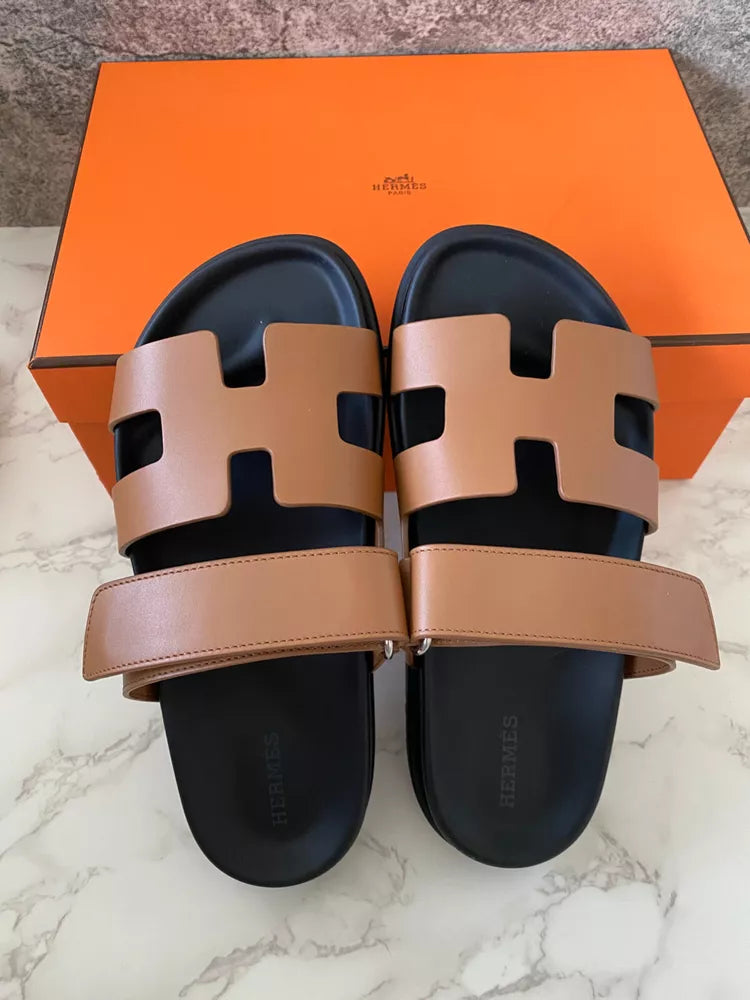 HERMES Chypre Sandal Mules Slides Shoes Flats Gold Brown 36.5