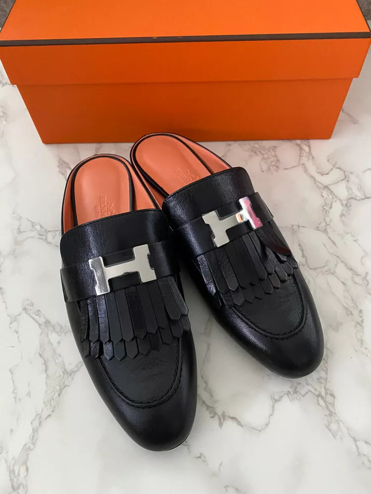 HERMES Rivoli Chevre Mule Sandal Mules Slides Shoes Flats Black 37